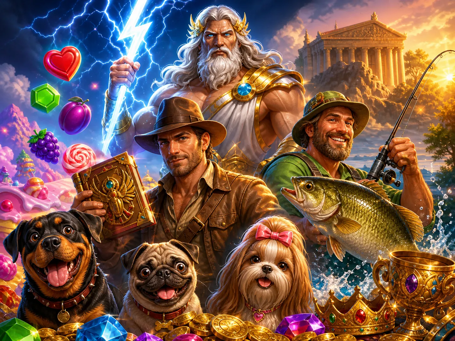 Colorful fantasy-themed slot game artwork featuring vibrant characters and magical environments.