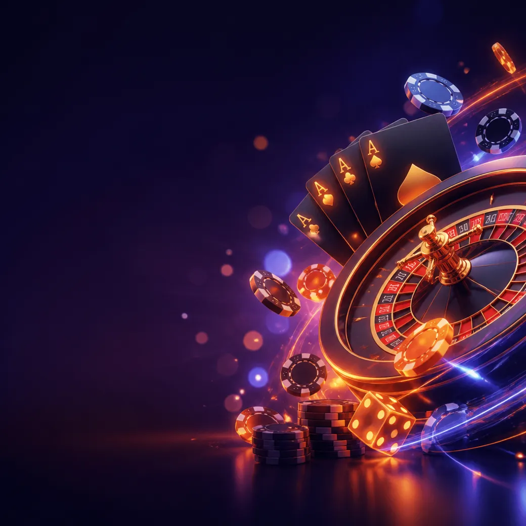 Illustration of a dynamic online casino atmosphere with playing cards, chips, and digital effects reflecting Mostbet brand es