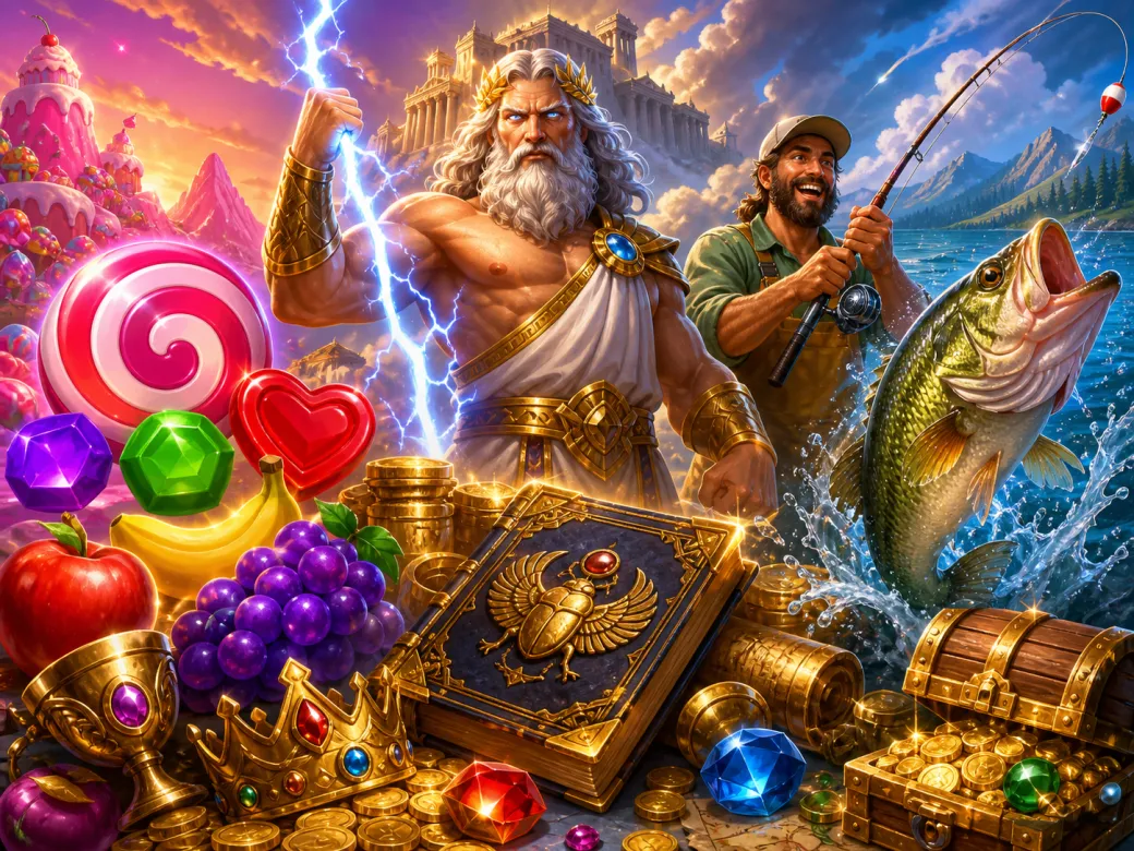 Colorful candy-themed Sweet Bonanza slot game with vibrant sweets and fantasy landscape.